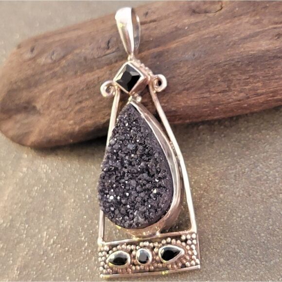 Sterling Contemporary Bali Style Black Druzy Stone Pendant - Picture 8 of 8